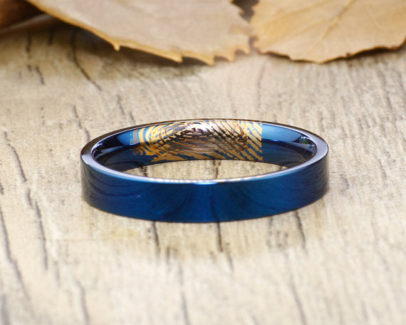 Your Actual Finger Print Rings, Handmade Blue Flat Plain Finger Print Ring, Wedding Band, Women Ring, Couple Ring, Titanium Ring