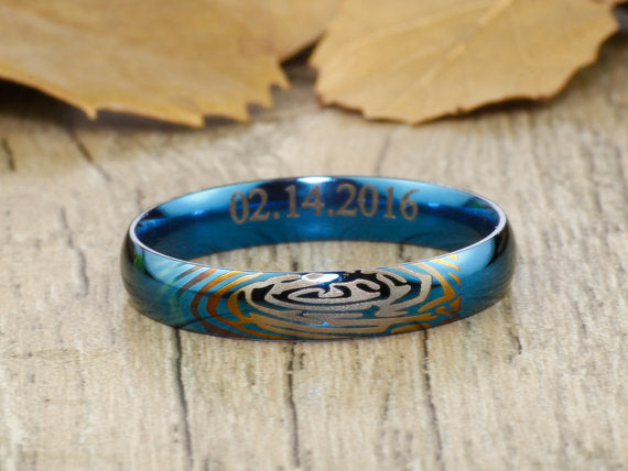 Your Actual Finger Print Rings, Personalized His and Her PROMISE RING - Handmade Blue Anywords Wedding Titanium Rings Set