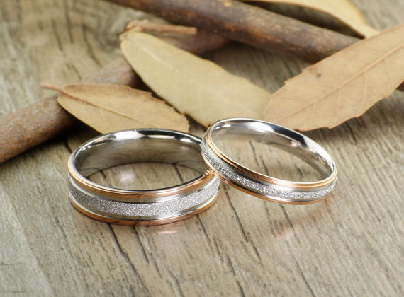 Handmade Rose Gold Matching Wedding Bands, Couple Rings Set, Titanium Rings Set, Anniversary Rings Set