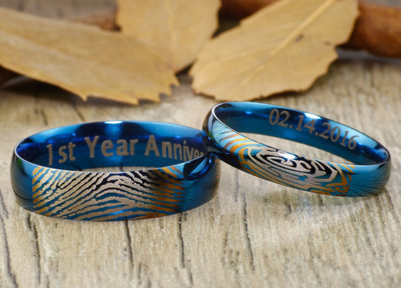 Your Actual Finger Print Rings, Personalized His and Her PROMISE RING - Handmade Blue Anywords Wedding Titanium Rings Set