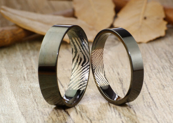 Your Actual Finger Print Rings, His and Her Promise Rings - Black Wedding Titanium Rings Set