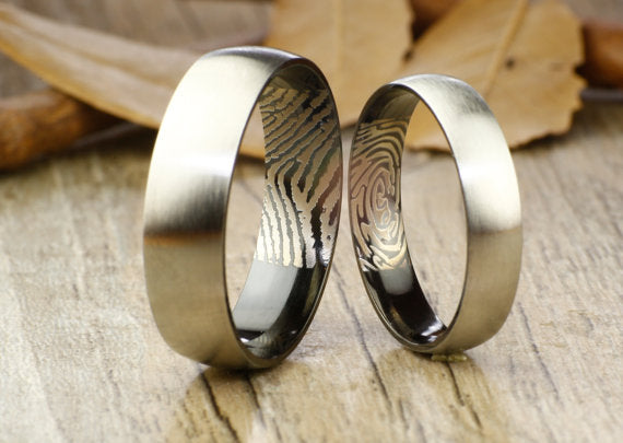 Your Actual Finger Print Rings, WEDDING RING - Personalized Matt Two Tone Black Wedding Titanium Rings Set