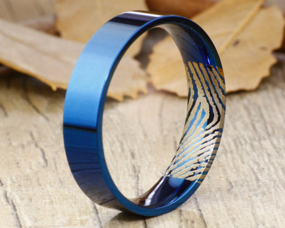 Your Actual Finger Print Rings, Handmade Blue Flat Polish Plain Finger Print Ring, Wedding Band, Men Ring, Titanium Ring, Anniversary Ring