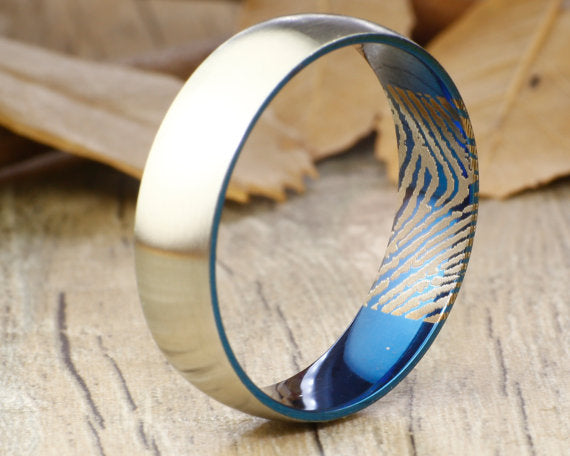 Your Actual Finger Print Rings, Handmade Men Dome RINGS - Two Tone Blue Titanium Ring 7mm