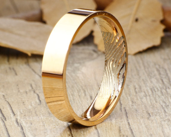 Your Actual Finger Print Rings, Handmade Rose Gold Flat Plain Finger Print Ring, Matching Wedding Band, Men Ring, Couple Ring, Titanium Ring