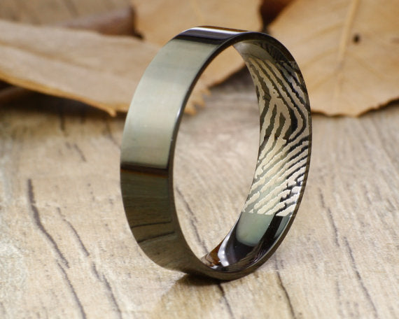 Your Actual Finger Print Rings, WEDDING RING - Men Ring, Black Titanium Rings 6mm