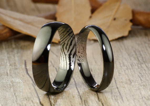 Your Actual Finger Print Rings, Handmade Black Dome Plain Finger Print Rings, His and Her Rings, Matching Wedding Bands, Titanium Rings Set