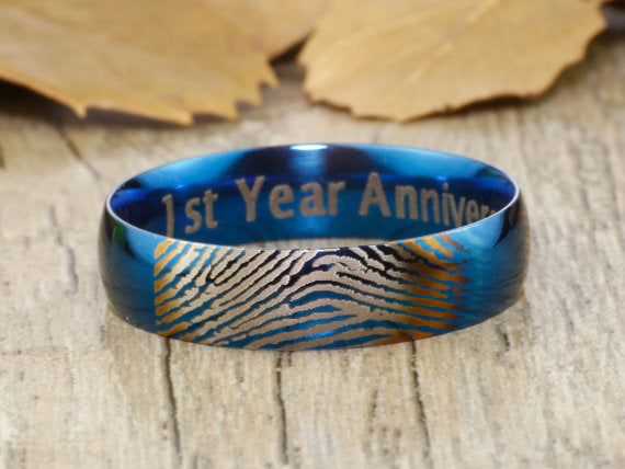 Your Actual Finger Print Rings, Personalized His and Her PROMISE RING - Handmade Blue Anywords Wedding Titanium Rings Set