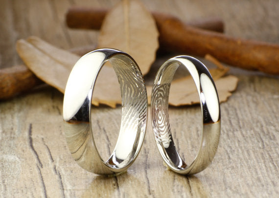 Your Actual Finger Print Rings, His and Hers Matching White Gold Polish Wedding Bands Rings 6mm and 4mm Wide Titanium Rings Set