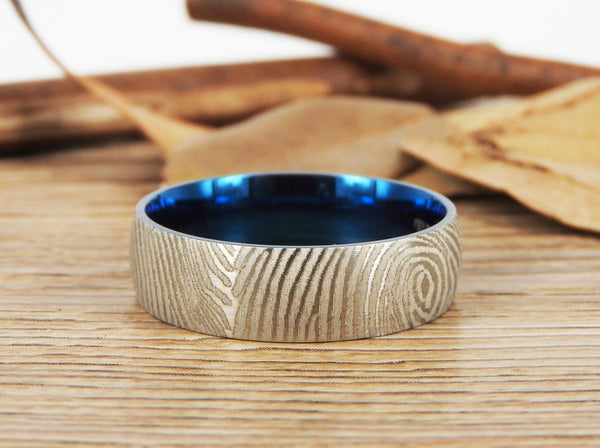 Your Actual Finger Print Rings, WEDDING RING, Family Fingerprints, Matching FingerPrint Ring, Blue Wedding Titanium Rings Set