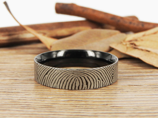 Your Actual Finger Print Rings, Family Fingerprints, Friendship Rings, Men Ring, Father's Gift, WEDDING RING - Black Titanium Rings 6mm