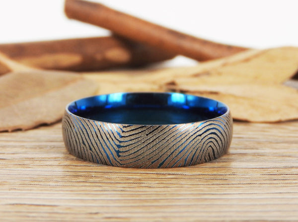 Your Actual Finger Print Rings, Family Fingerprints, Friendship Rings, Men Ring, Father's Gift, WEDDING RING -  Blue Titanium Rings 6mm