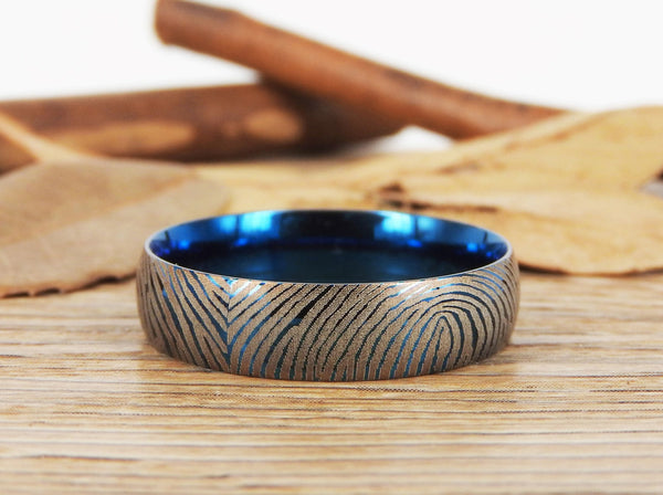 Your Actual Finger Print Rings, Family Fingerprints, Friendship Rings, Men Ring, Father's Gift, WEDDING RING -  Blue Titanium Rings 6mm