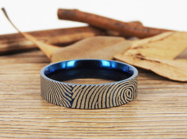 Your Actual Finger Print Rings, Family Fingerprints, Friendship Rings, Men Ring, Father's Gift, WEDDING RING -  Blue Titanium Rings 6mm