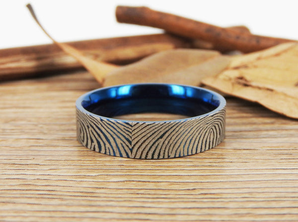 Your Actual Finger Print Rings, Family Fingerprints, Friendship Rings, Men Ring, Father's Gift, WEDDING RING -  Blue Titanium Rings 6mm