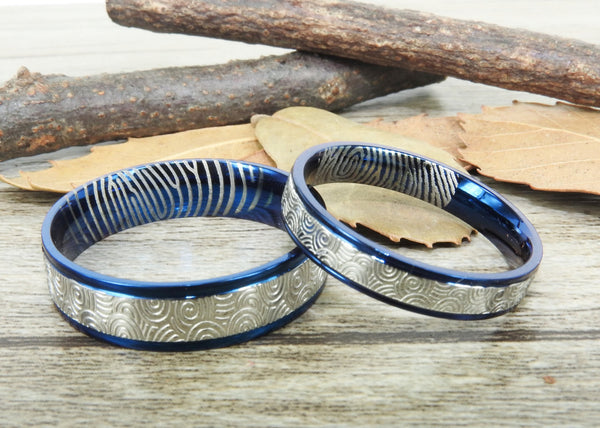 Your Actual Finger Print Rings, Handmade Blue Wedding Bands, Couple Rings Set, Titanium Rings Set, Anniversary Rings Set