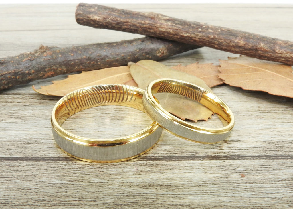Your Actual Finger Print Rings Handmade Gold Matte Wedding Bands Couple Rings Set Titanium Rings Set Anniversary Rings Set