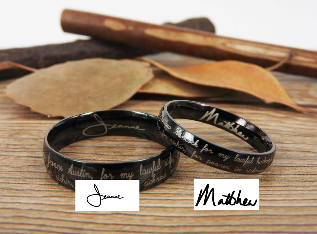 Monogrammed Couples Rings Handmade Your Marriage Vow & Signature Rings Wedding Rings, Black ...