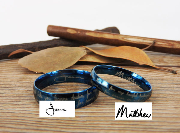 Handmade Your Marriage Vow & Signature Rings Wedding Rings, Blue Matching Wedding Bands, Titanium Couple Rings Set