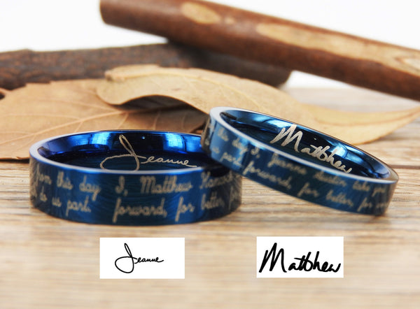 Handmade Your Marriage Vow & Signature Rings Wedding Rings, Blue Matching Wedding Bands, Titanium Couple Rings Set
