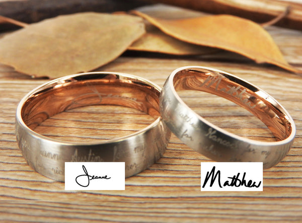 Handmade Your Marriage Vow & Signature Rings Wedding Rings, Two Tones Matching Wedding Bands, Titanium Couple Rings Set