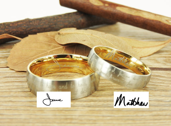 Handmade Your Marriage Vow & Signature Rings Wedding Rings, Two Tones Matching Wedding Bands, Titanium Couple Rings Set