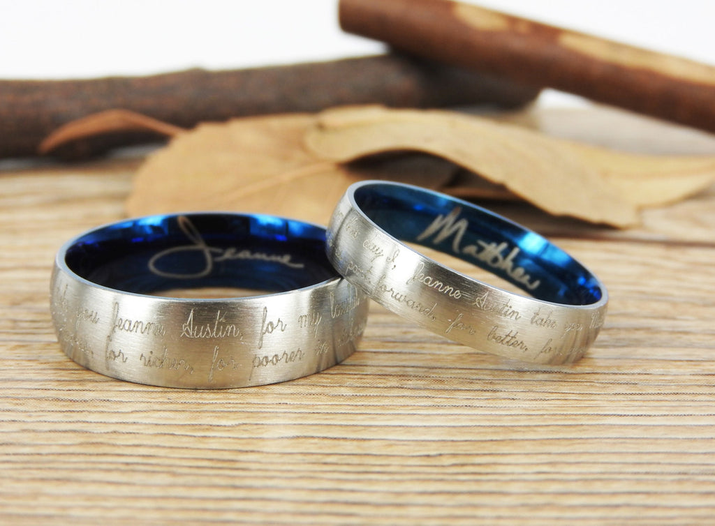 Handmade Your Marriage Vow Signature Rings Wedding Rings, Two Tones Matching Wedding Bands, Titanium Couple Rings Set