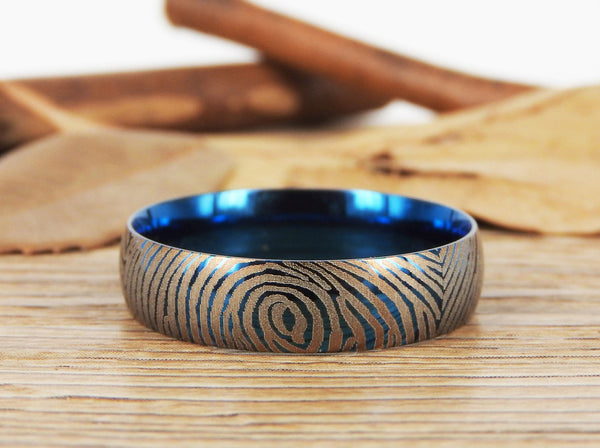 Your Actual Finger Print Rings, Family Fingerprints, Friendship Rings, Men Ring, Father's Gift, WEDDING RING -  Blue Titanium Rings 6mm