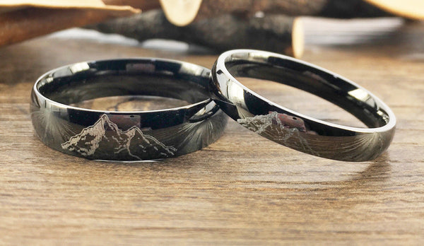Handmade Your Drawings Ring Unique Wedding Bands Black Titanium Wedding Ring Set Couple Rings Set Men Women Ring Polished Dome Shape 4mm 6mm