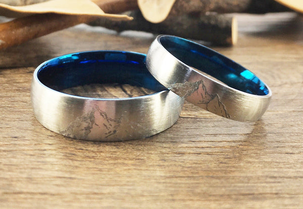 Handmade Your Drawings Ring Unique Wedding Bands Set Two Tone Silver Blue Titanium Wedding Ring Set Couple Ring Set Matte Dome Shape 5mm 7mm
