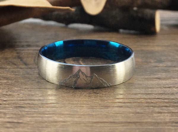 Handmade Your Drawings Ring Unique Wedding Band Two Tone Silver Blue Titanium Couple Ring Promise Ring Women Ring Matte Dome Shape 5mm