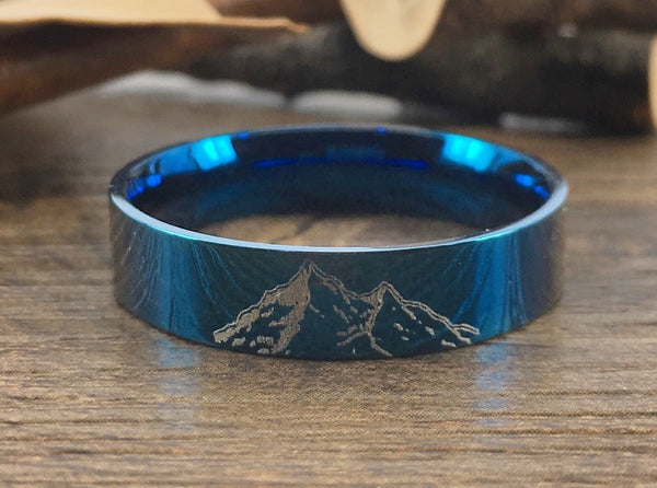Handmade Your Drawings Ring Unique Wedding Band Blue Titanium Wedding Ring Promise Ring Couple Ring Men Ring Polished Flat Shape 6mm