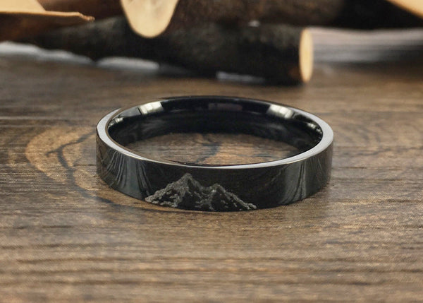 Handmade Your Drawings Ring Unique Wedding Band Black Titanium Promise Ring Couple Ring Women Men Ring Polished Finish Flat Shape 4mm