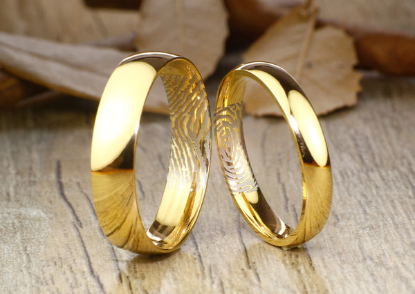 Your Actual Finger Print Rings, His & Hers Mens Womens Matching 18K Gold Wedding BandsTitanium Rings Set Free Engraving New