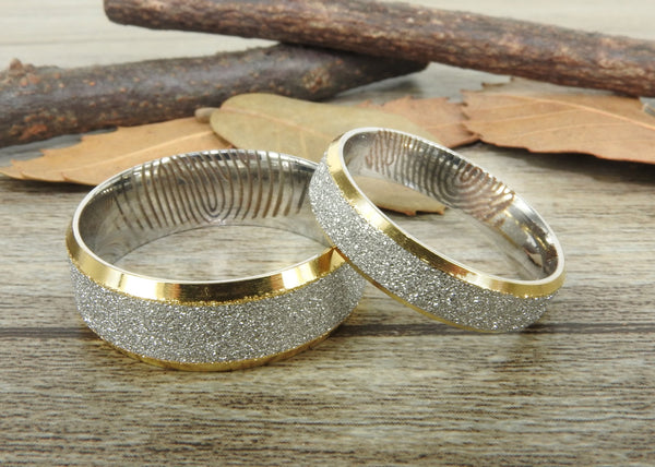 Your Actual Finger Print Rings, His and Her Rings, WEDDING RING - Personalized Matt Two Tone Gold Wedding Titanium Rings Set