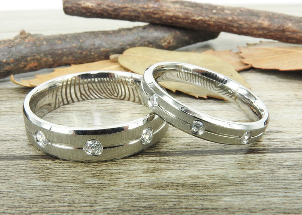 Your Actual Finger Print Rings, His and Her Rings, Handmade Cubic Zirconia Matte Wedding Bands,  Titanium Rings Set, Anniversary Rings Set