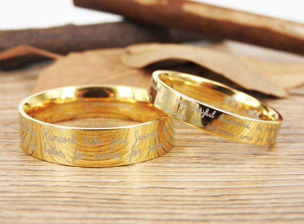 Handmade Your Marriage Vow & Signature Rings Wedding Rings, Gold Matching Wedding Bands, Titanium Couple Rings Set