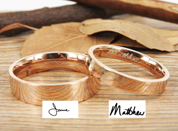 Handmade Your Marriage Vow & Signature Rings Wedding Rings, Rosa Gold Matching Wedding Bands, Titanium Couple Rings Set