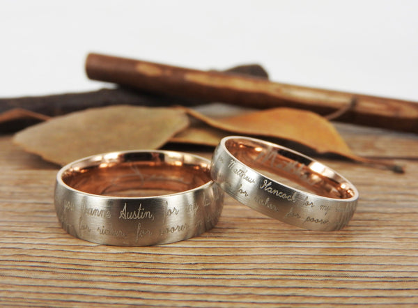 Handmade Your Marriage Vow & Signature Rings Wedding Rings, Two Tones Matching Wedding Bands, Titanium Couple Rings Set